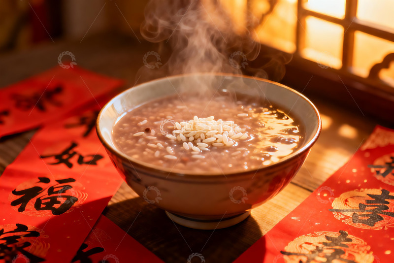 高清大图下载【趣麦麦图】热气腾腾的粥与红色春联
