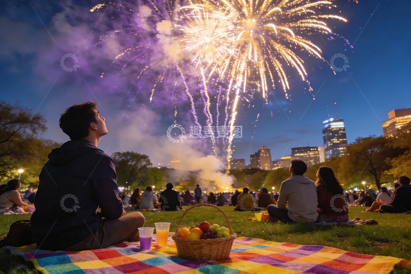 高清大图下载【趣麦麦图】夜公园烟花晚会众人观赏