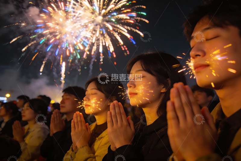 高清大图下载【趣麦麦图】夜空烟花下众人合掌祈福