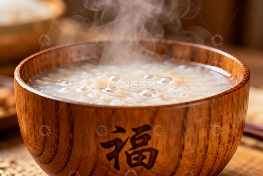 热气腾腾的木碗粥