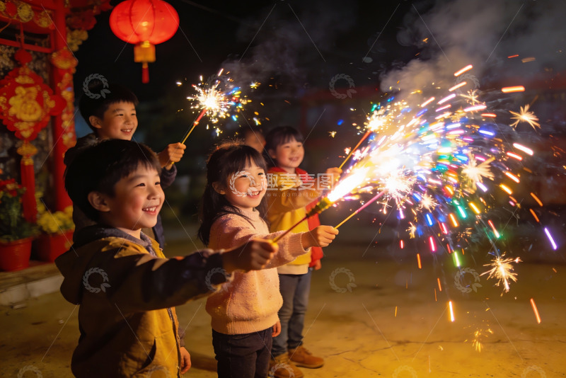 高清大图下载【趣麦麦图】儿童手持烟花欢庆节日