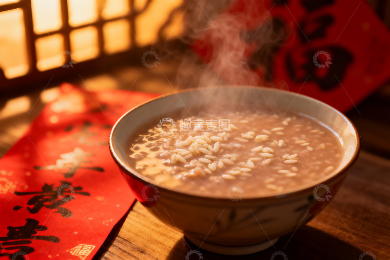 高清大图下载【趣麦麦图】热气腾腾的米粥与红色春联