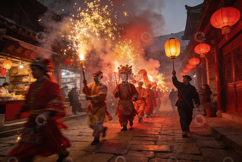 高清大图下载【趣麦麦图】古街夜游人持火把灯笼