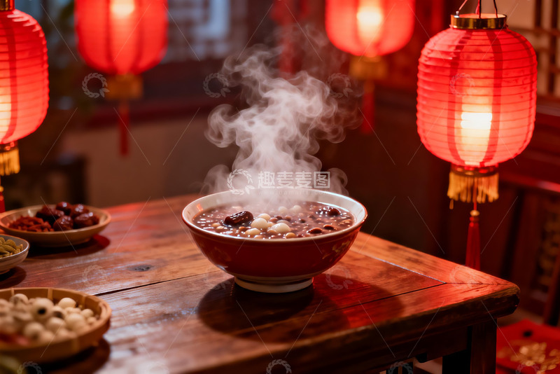 高清大图下载【趣麦麦图】热气腾腾的节日美食与红灯笼