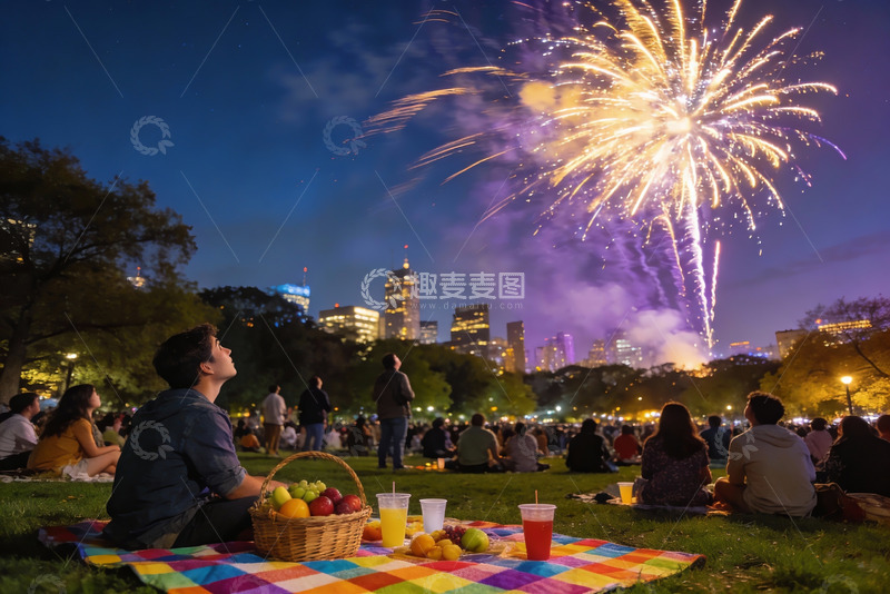 高清大图下载【趣麦麦图】夜公园烟花秀众人观赏