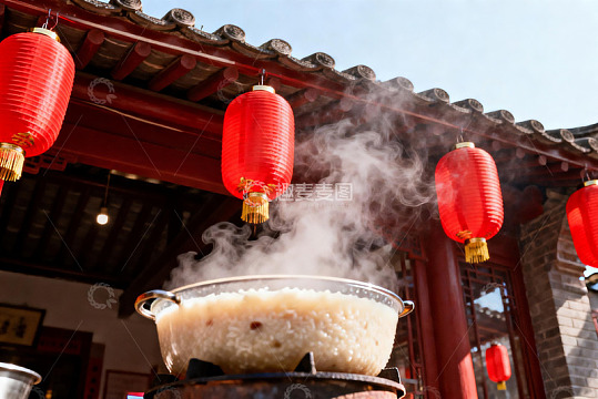 红灯笼下热气腾腾的美食