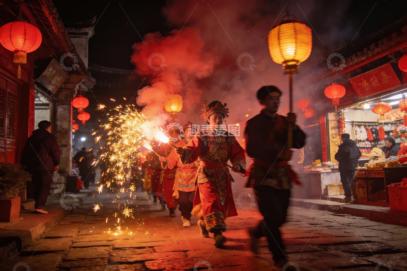 高清大图下载【趣麦麦图】夜游古街烟花灯笼齐放