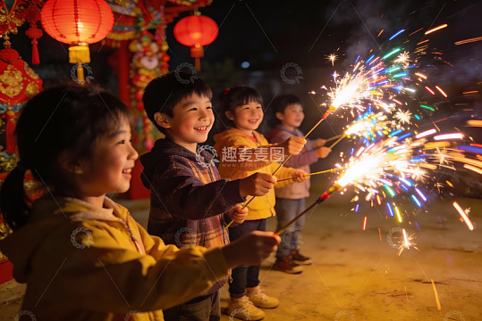 儿童手持烟花欢庆夜景