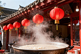 红灯笼下热气腾腾的美食