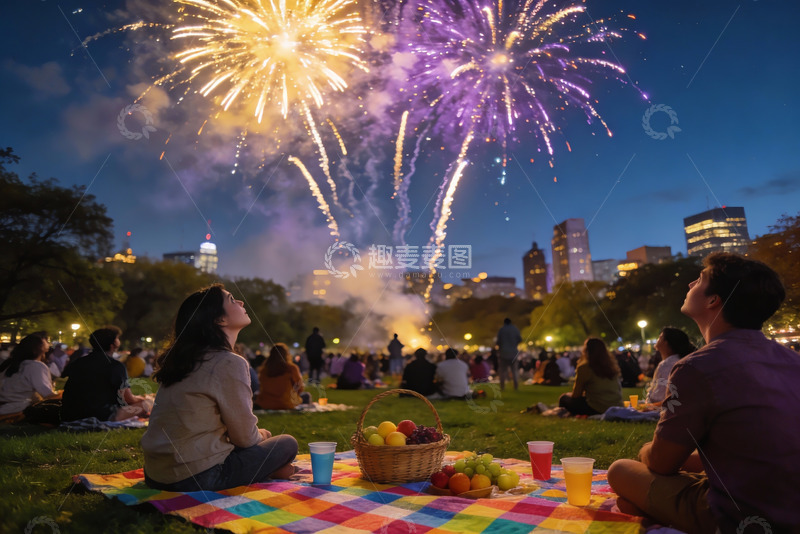 高清大图下载【趣麦麦图】夜空烟花下草地野餐