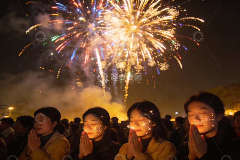 高清大图下载【趣麦麦图】夜空烟花下祈福人群