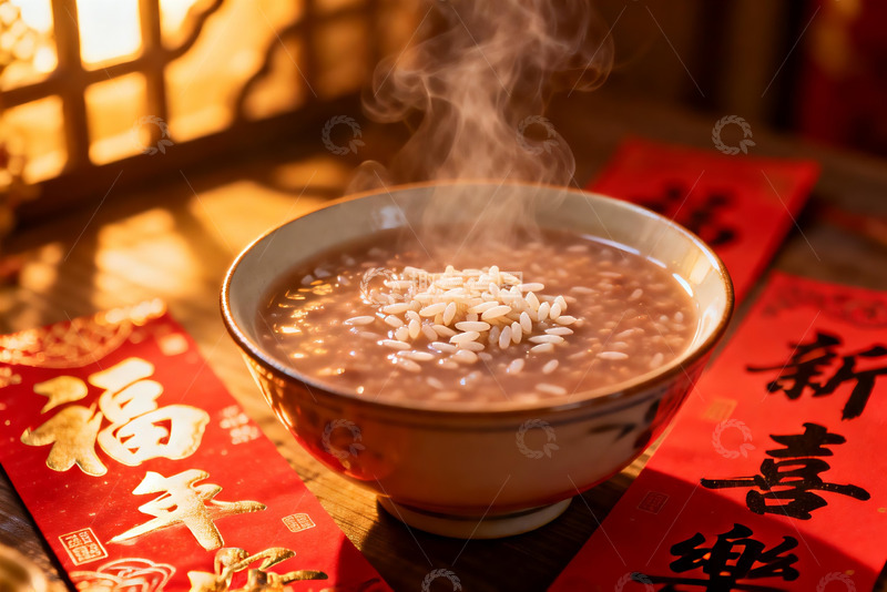 高清大图下载【趣麦麦图】热气腾腾的粥配新年对联