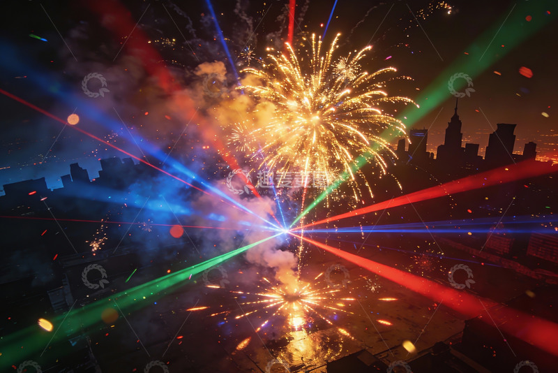 高清大图下载【趣麦麦图】城市夜空烟花绽放绚丽景象