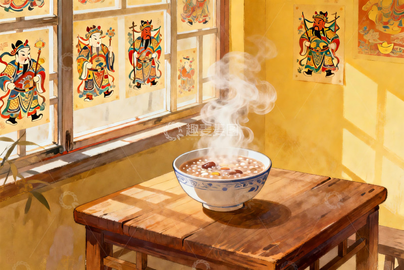 高清大图下载【趣麦麦图】热气腾腾的粥与传统窗花