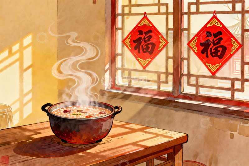 高清大图下载【趣麦麦图】暖阳下热气腾腾的腊八粥