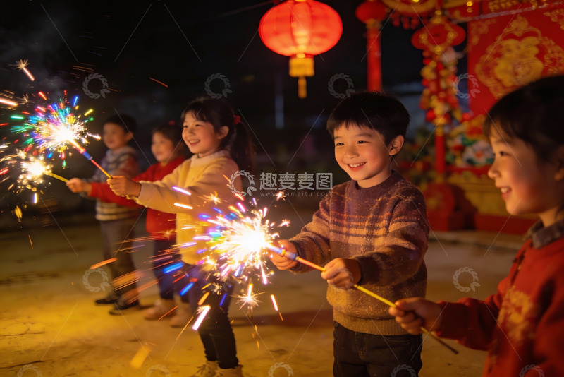 高清大图下载【趣麦麦图】儿童手持烟花欢庆节日夜景
