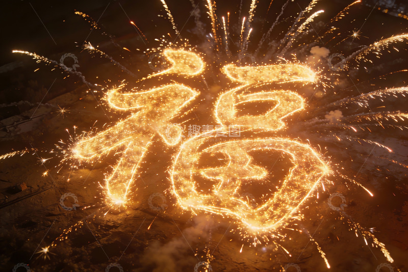 高清大图下载【趣麦麦图】-烟花绽放福字夜景