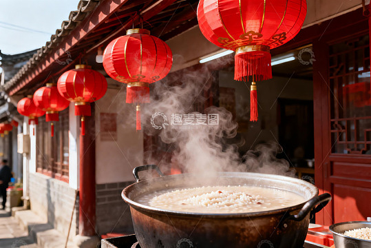 古街红灯笼下热气腾腾的美食