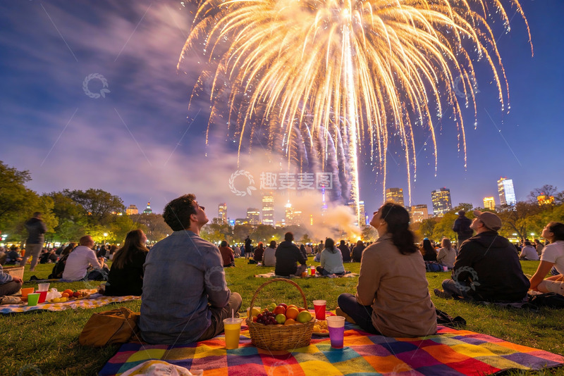 高清大图下载【趣麦麦图】夜公园烟花秀众人观赏