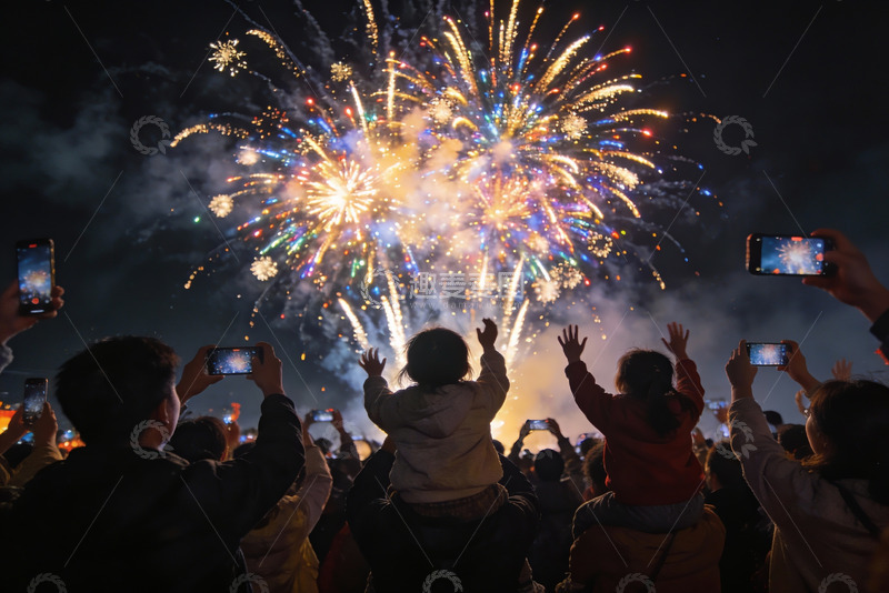 高清大图下载【趣麦麦图】夜空烟花绽放人群欢庆