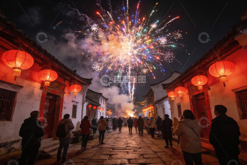高清大图下载【趣麦麦图】古街夜放烟花人群观赏