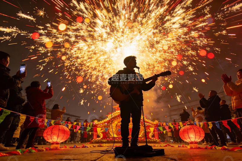 高清大图下载【趣麦麦图】烟花下吉他手表演众人拍照
