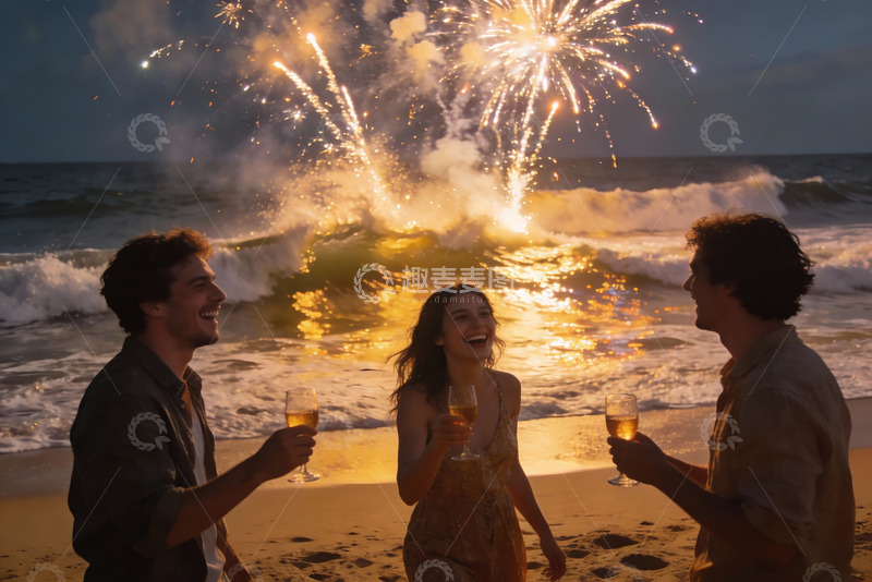 高清大图下载【趣麦麦图】海滩烟花派对三人欢聚