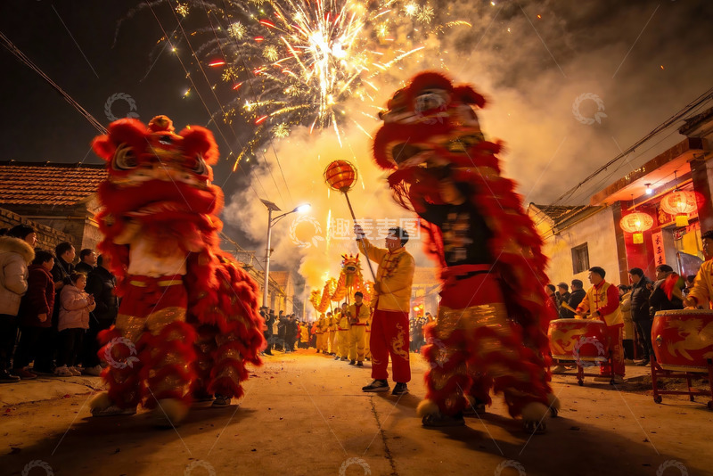 高清大图下载【趣麦麦图】夜空中绽放的舞狮烟花表演