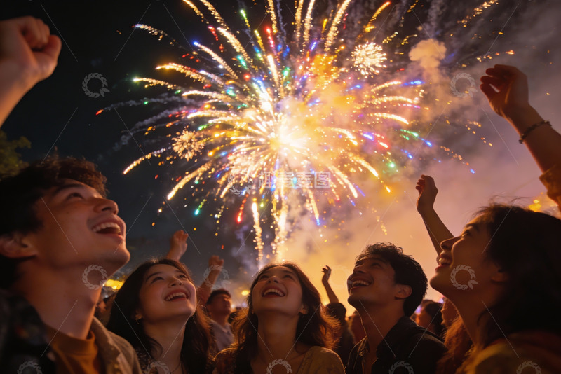 高清大图下载【趣麦麦图】夜空烟花下人群欢庆场景