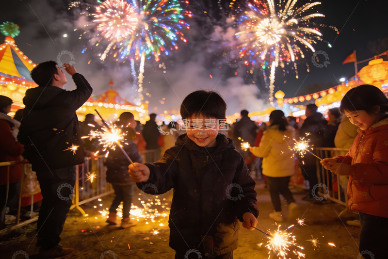 高清大图下载【趣麦麦图】夜空中绽放烟花儿童手持烟火