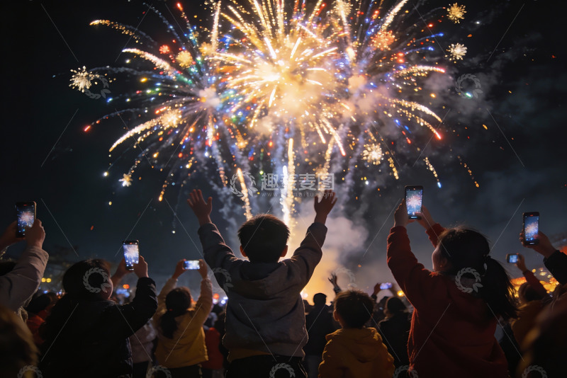 高清大图下载【趣麦麦图】夜空烟花绽放人群拍照欢庆