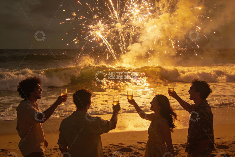 高清大图下载【趣麦麦图】海滩烟花派对欢庆时刻