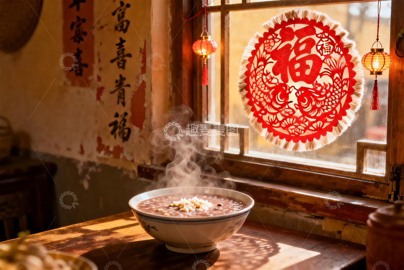高清大图下载【趣麦麦图】暖阳窗前热粥与剪纸福字