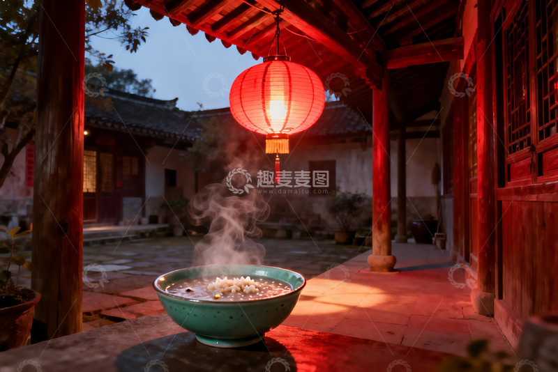 高清大图下载【趣麦麦图】古院红灯热粥夜景