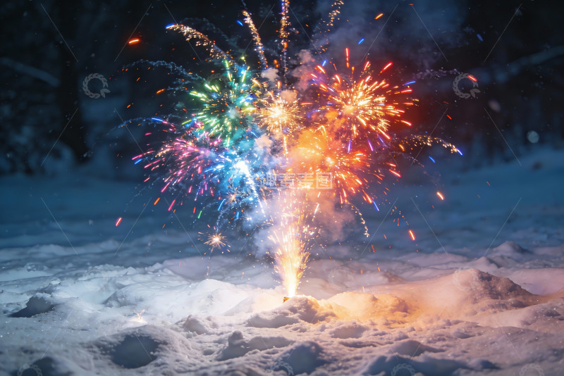 高清大图下载【趣麦麦图】雪地烟花绽放夜景