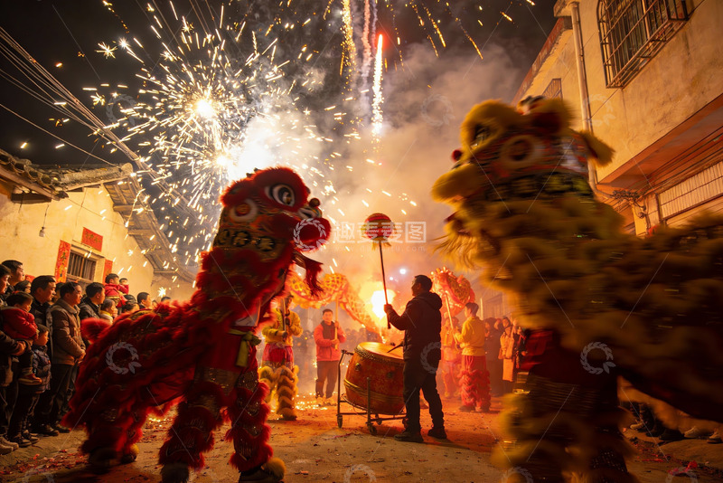 高清大图下载【趣麦麦图】夜空中绽放的舞狮烟花表演