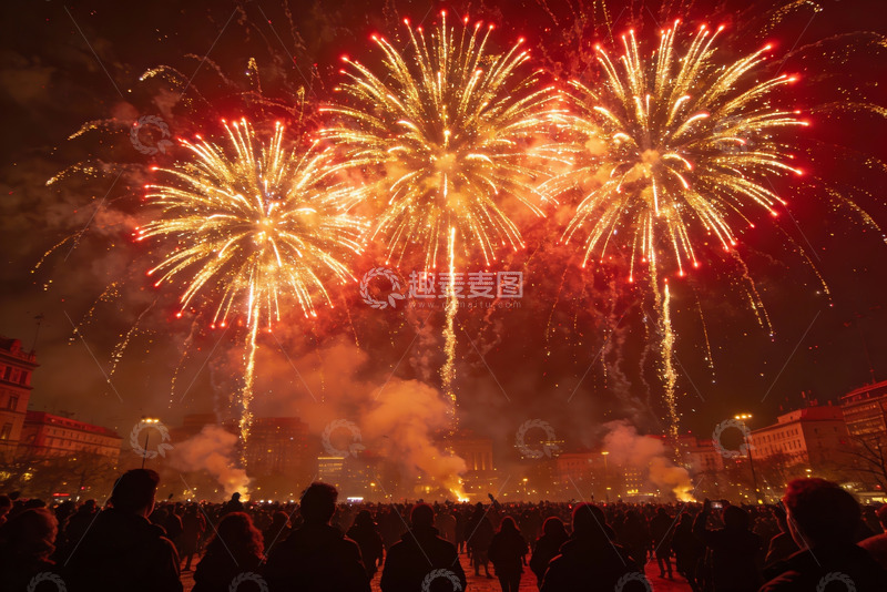 高清大图下载【趣麦麦图】夜空烟花绽放人群观赏盛景