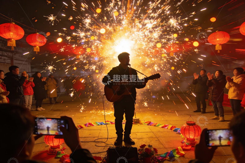 高清大图下载【趣麦麦图】烟花下弹吉他表演众人围观