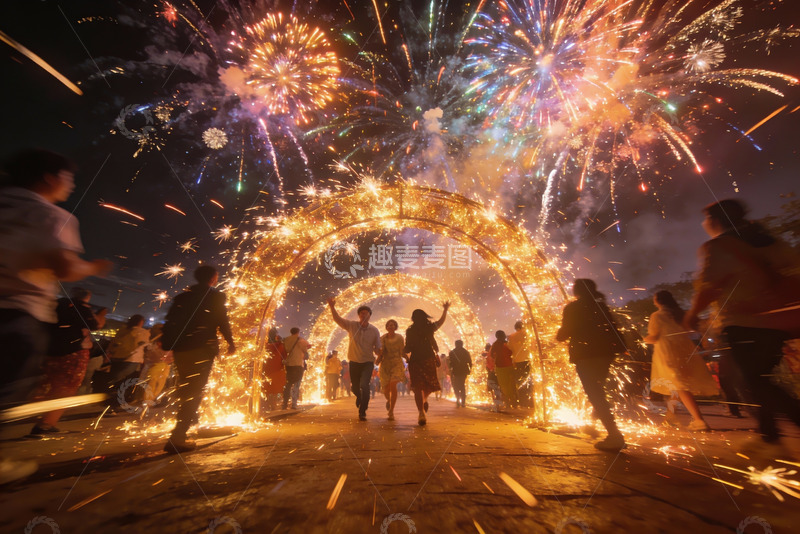 高清大图下载【趣麦麦图】夜空烟花璀璨人群欢庆