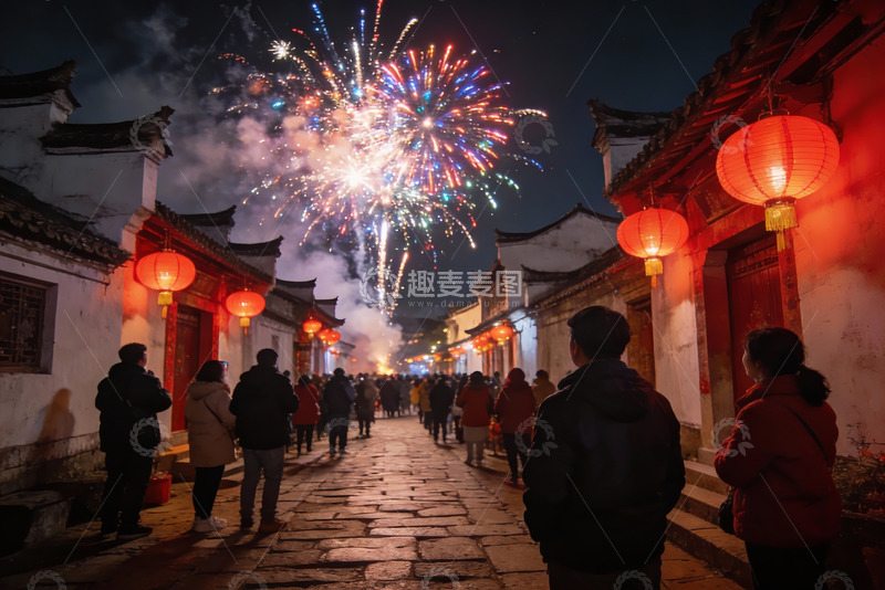高清大图下载【趣麦麦图】古街夜放烟花人群观赏