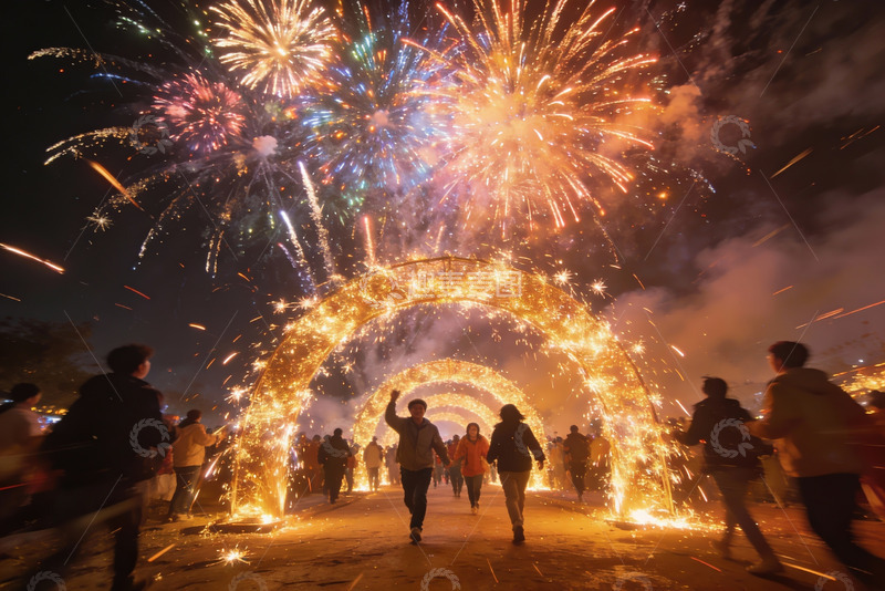 高清大图下载【趣麦麦图】夜空烟花璀璨人群欢庆