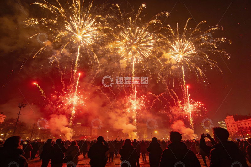 高清大图下载【趣麦麦图】夜空烟花绽放人群观赏盛景
