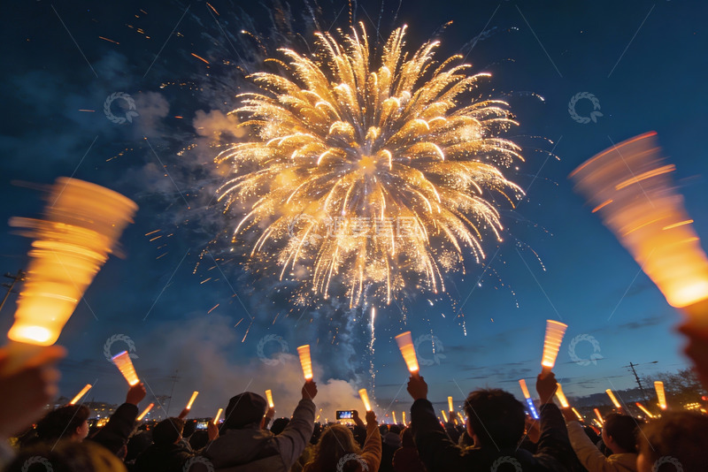 高清大图下载【趣麦麦图】夜空烟花绽放人群手持荧光棒