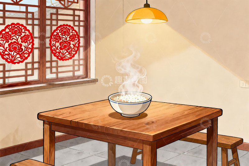 高清大图下载【趣麦麦图】热气腾腾的餐桌与窗花