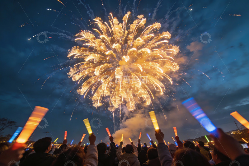 高清大图下载【趣麦麦图】夜空中绽放的烟花与人群