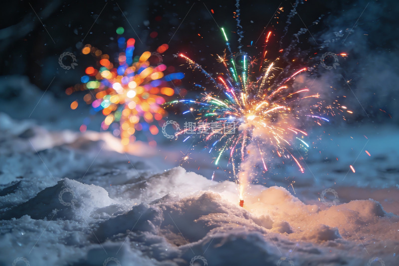 高清大图下载【趣麦麦图】雪地烟花绽放夜景