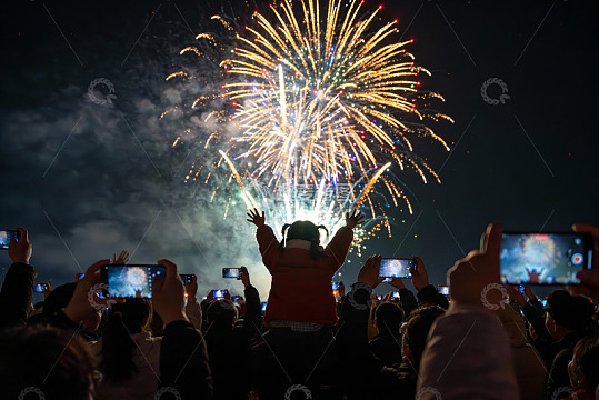 夜空烟花绽放人群拍照庆祝