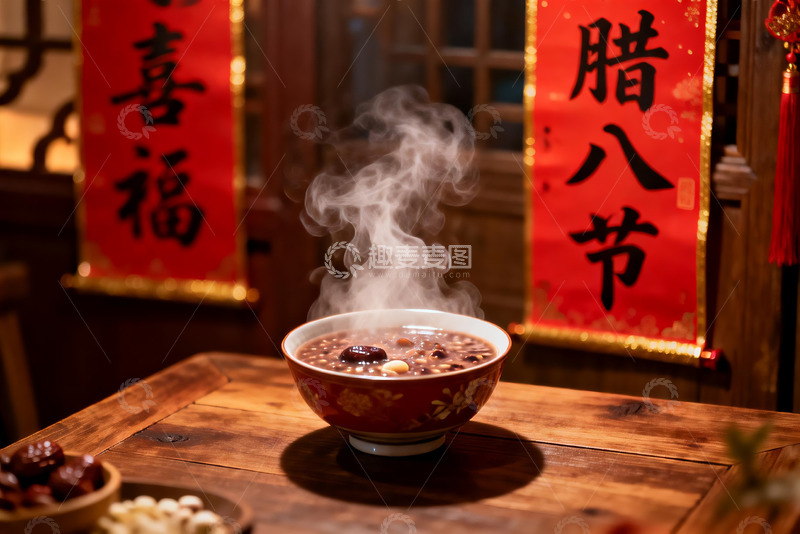 高清大图下载【趣麦麦图】热气腾腾的腊八粥与传统对联