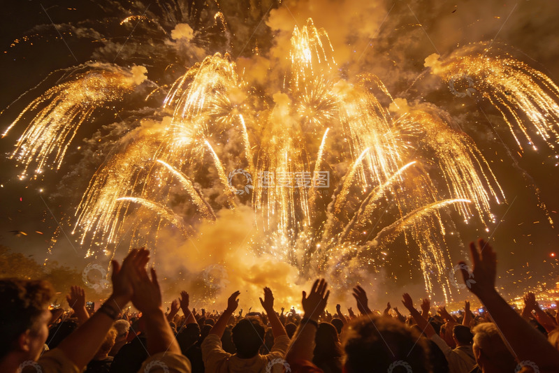 高清大图下载【趣麦麦图】夜空烟花绽放人群欢呼