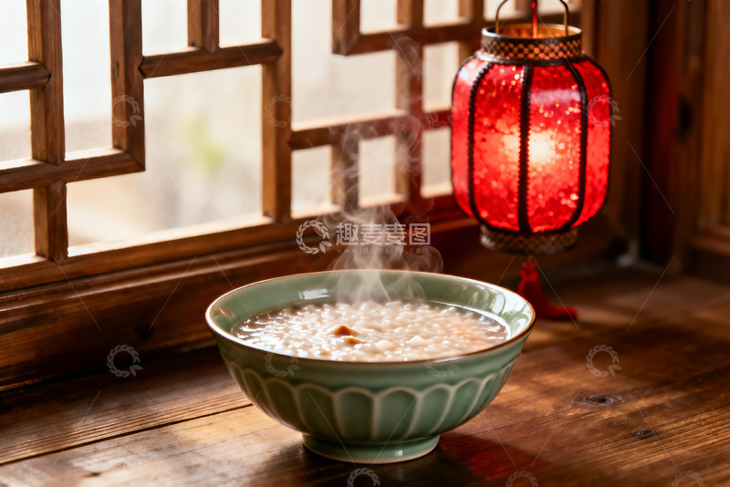 高清大图下载【趣麦麦图】热粥配红灯笼木质窗边